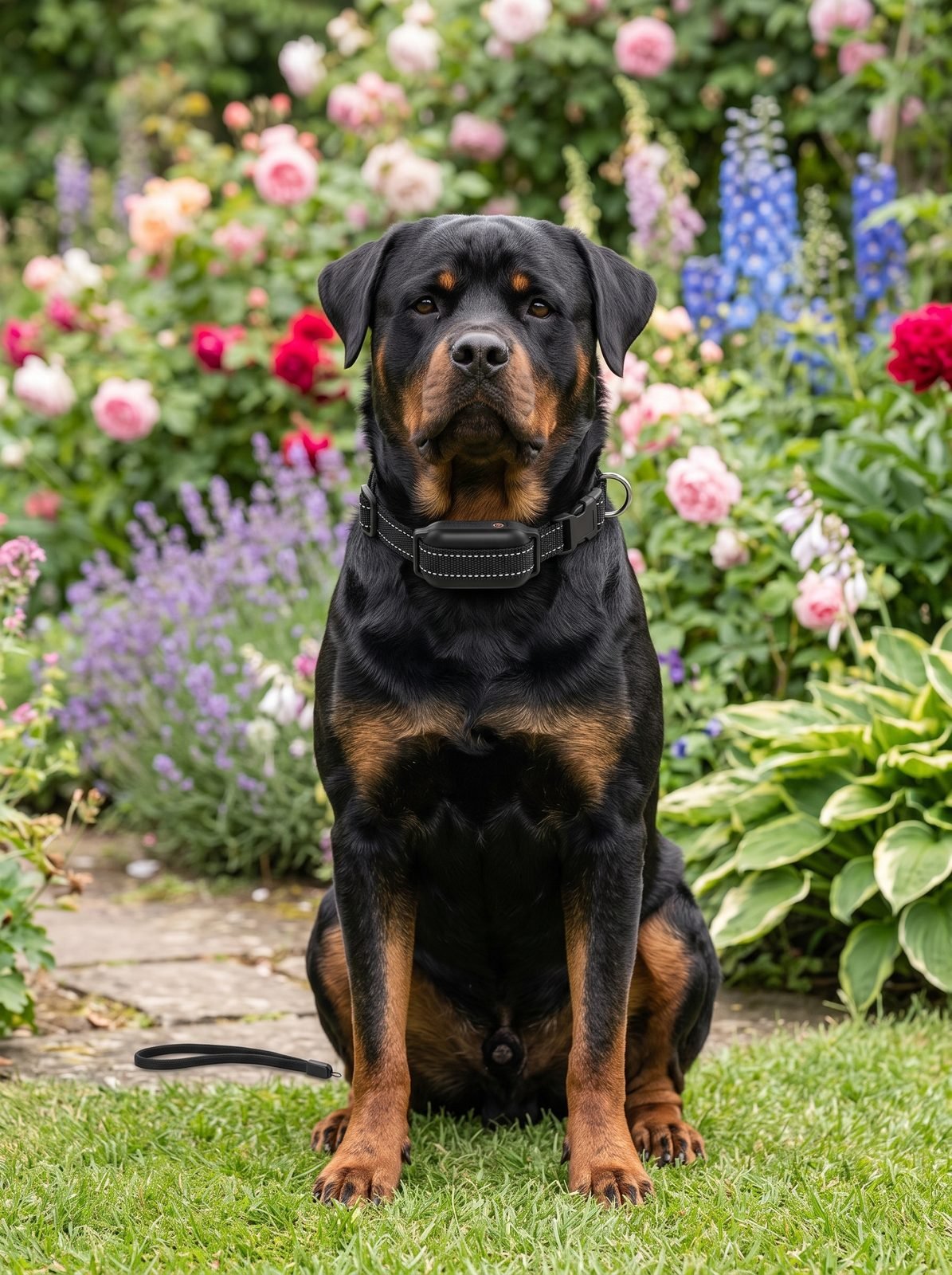Portrait d'un Rottweiler assis dans un jardin fleuri, portant le collier de dressage chien ultrason sans choc