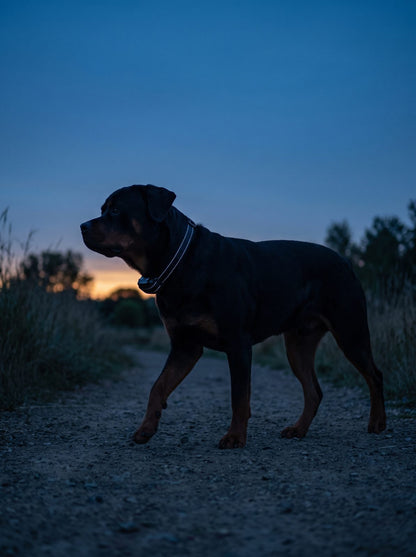 Rottweiler en balade au crépuscule portant le collier de dressage chien ultrason sans choc