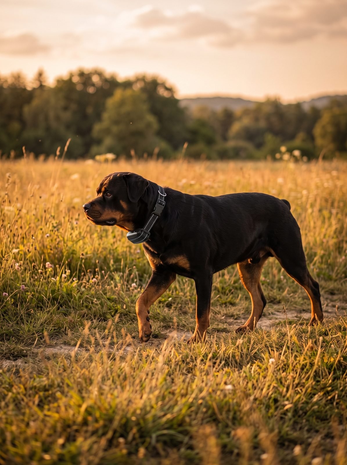 Rottweiler de profil dans une prairie, portant le collier de dressage chien ultrason sans choc