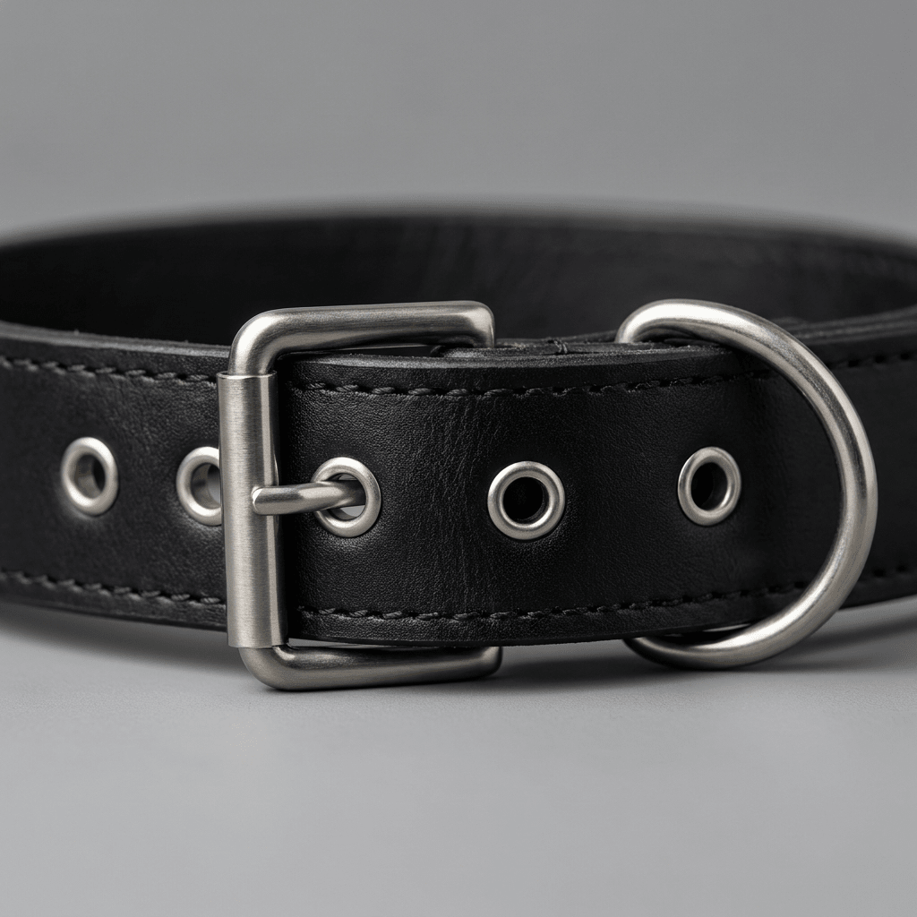 collier en cuir pour chien noir gros plan boucle et fermoir metal