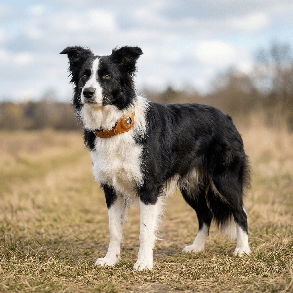 collier en cuir pour chien marron sur border collie debout exterieur corps entier