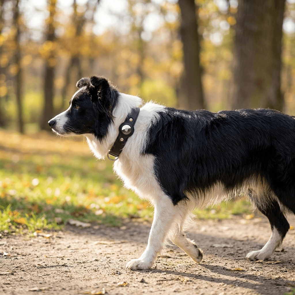 collier en cuir pour chien noir sur border collie en promenade profil parc