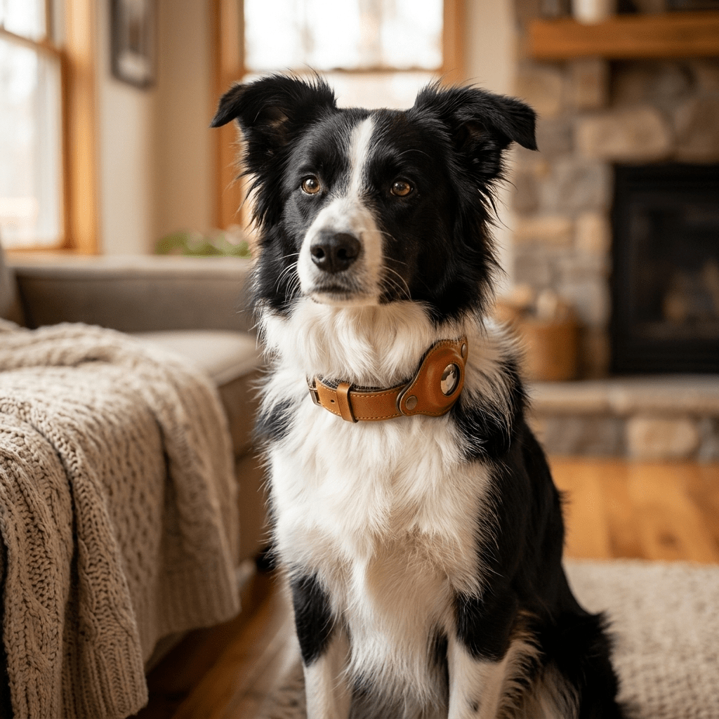 collier en cuir pour chien marron sur border collie portrait interieur