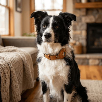 collier en cuir pour chien marron sur border collie portrait interieur