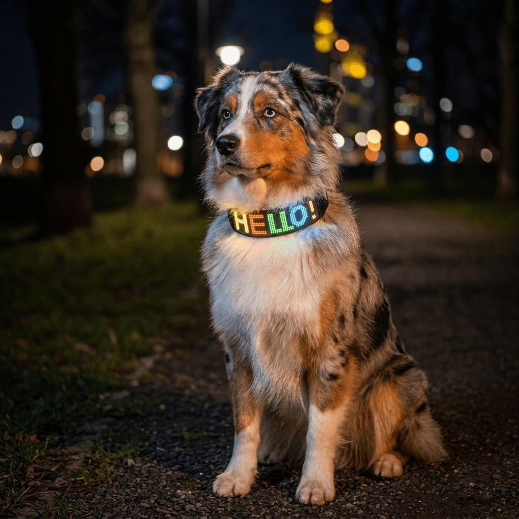 collier chien ecran led personnalisable noir sur berger australien assis la nuit ecran allume