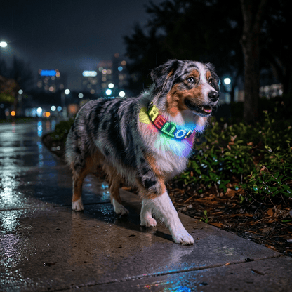 collier chien ecran led personnalisable noir sur berger australien en promenade nocturne ecran allume
