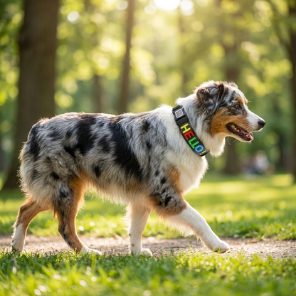 collier chien ecran led personnalisable noir sur berger australien en promenade profil jour