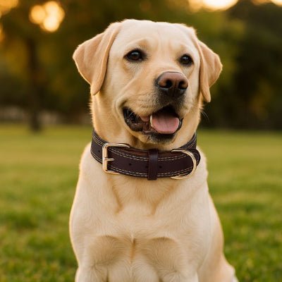 collier pour chien en cuir marron boldbark sur labrador beige elegante finition couture brune