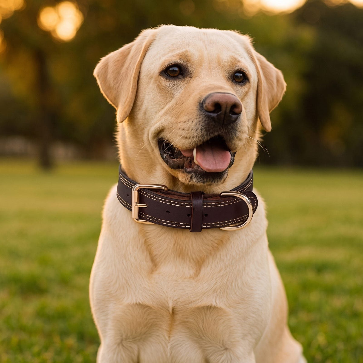 collier pour chien en cuir marron boldbark sur labrador beige portrait assis exterieur