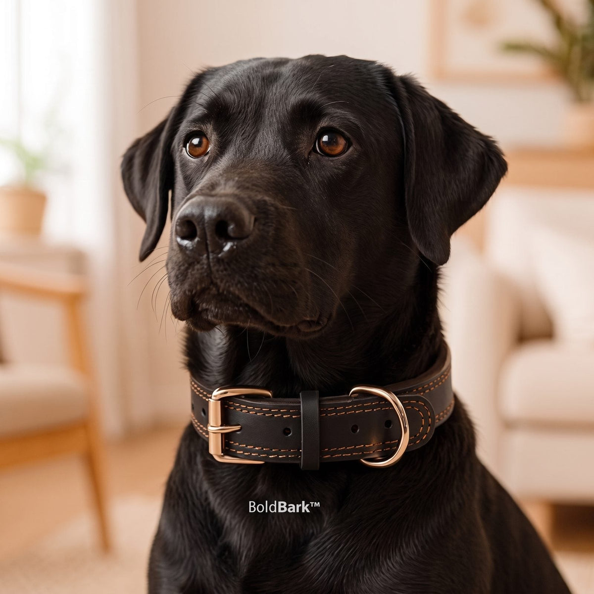 collier pour chien en cuir noir boldbark sur labrador noir portrait interieur