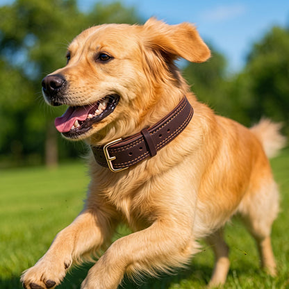 collier pour chien en cuir marron boldbark sur golden retriever en mouvement exterieur herbe