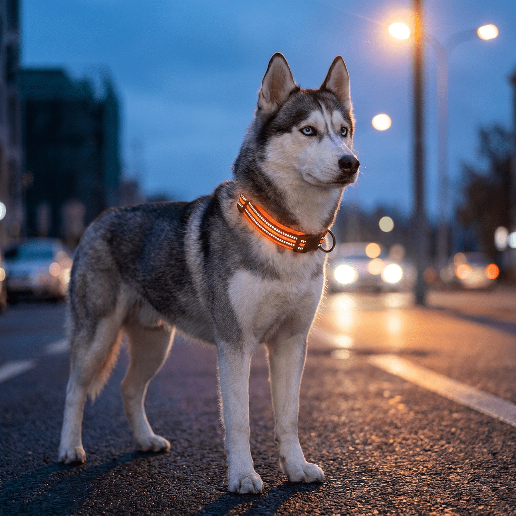 collier chien facile a enfiler orange sur husky coutures reflechissantes la nuit