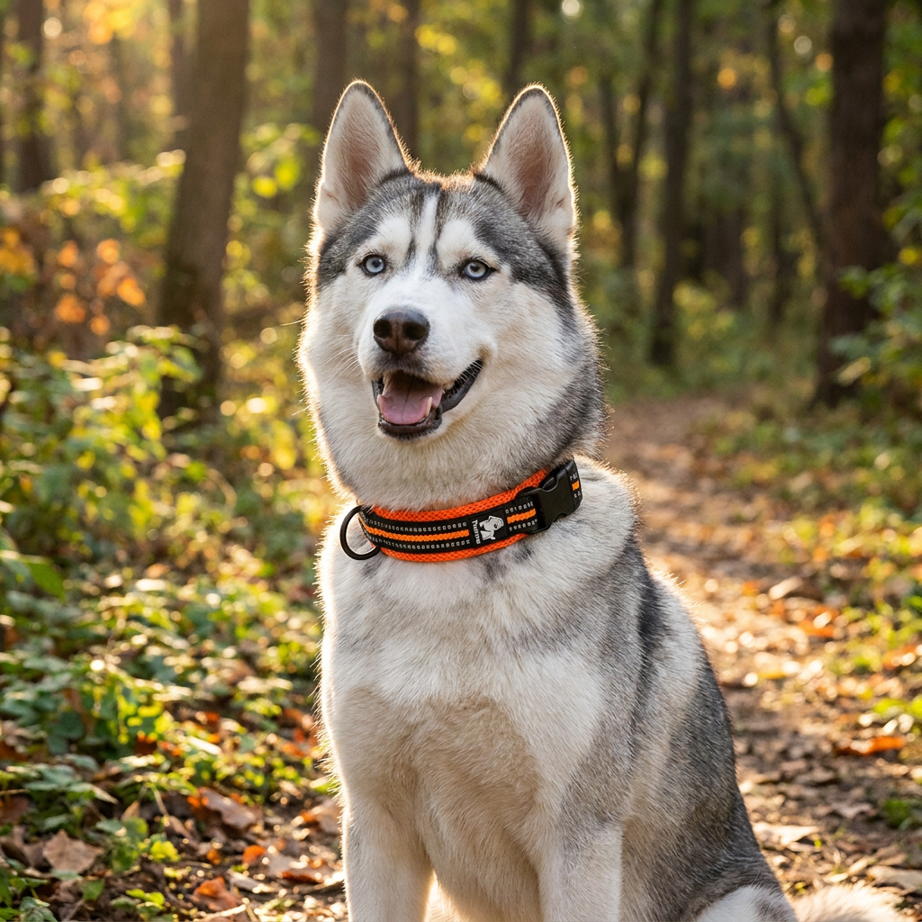 collier chien facile a enfiler orange sur husky portrait trois quarts