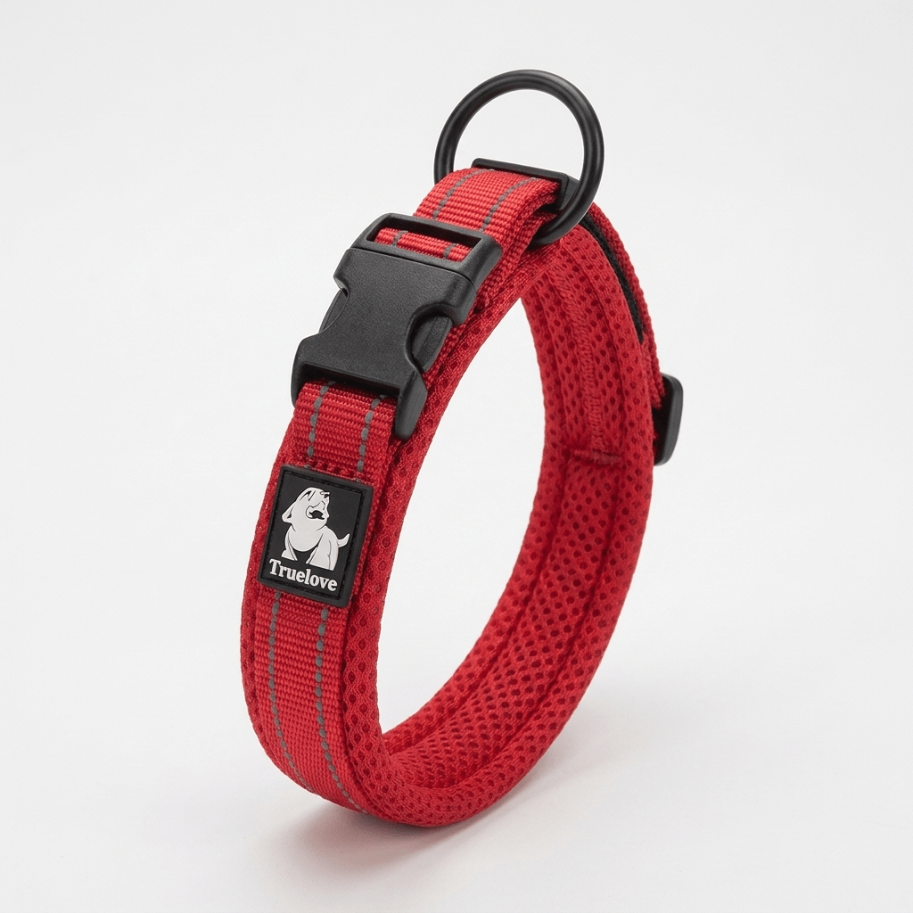collier chien facile a enfiler rouge produit seul sur fond blanc