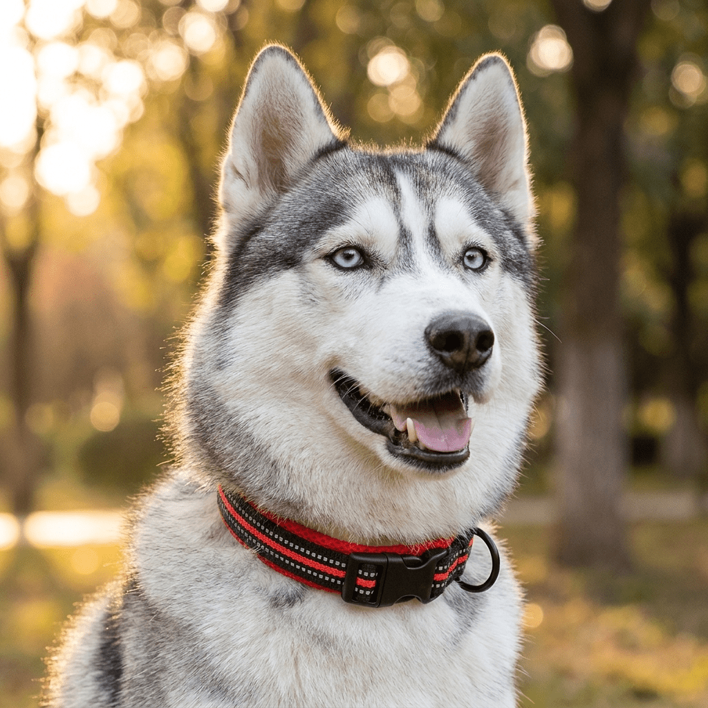 collier chien facile a enfiler rouge sur husky portrait exterieur