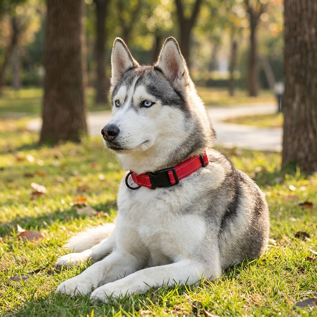 collier chien facile a enfiler rouge sur husky assis exterieur