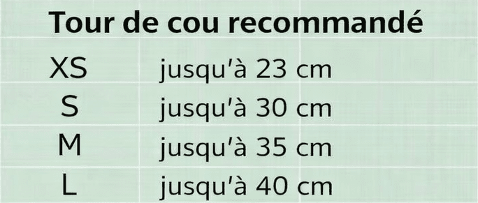 Guide des tailles pour déguisement chien avec correspondance du tour de cou de XS à XL