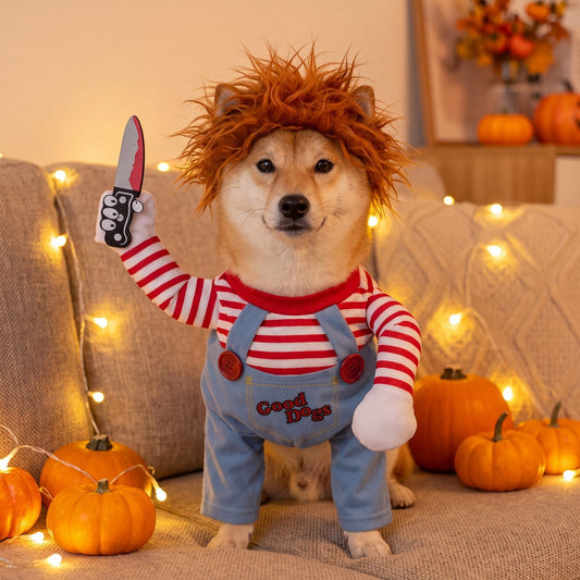 Shiba assis sur un canapé entouré de citrouilles et de guirlandes lumineuses, portant le déguisement d'Halloween pour chien avec perruque rousse