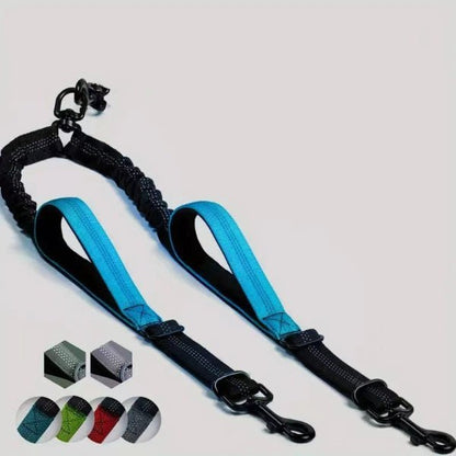 Double laisse pour chien bleue avec poignees rembourrees et elastique amortisseur pour plus de confort