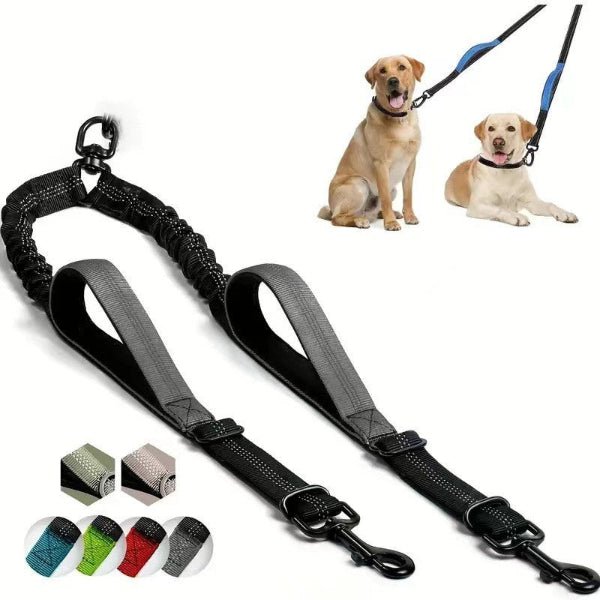 Double laisse pour chien avec amortisseur et poignees rembourrees, ideale pour promener deux chiens sans s emmeler