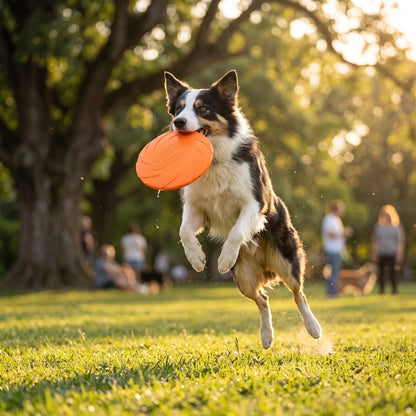 Frisbee pour chien - border collie tricolore qui saute pour attraper un frisbee orange au parc