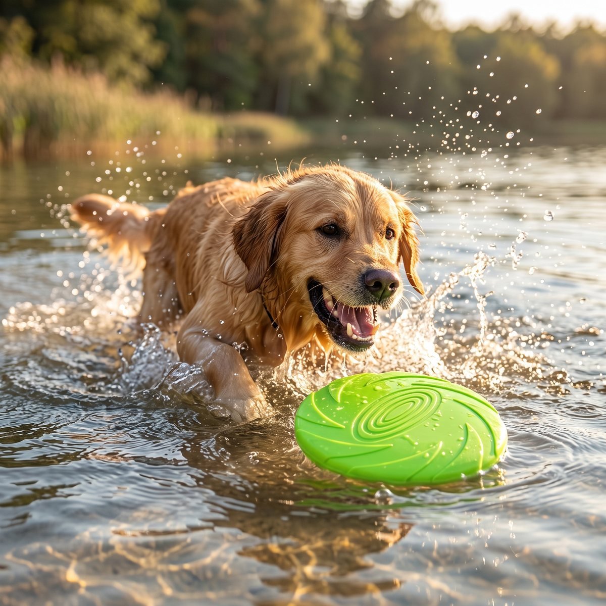 Frisbee pour chien flottant - golden retriever qui joue dans un lac avec un frisbee vert