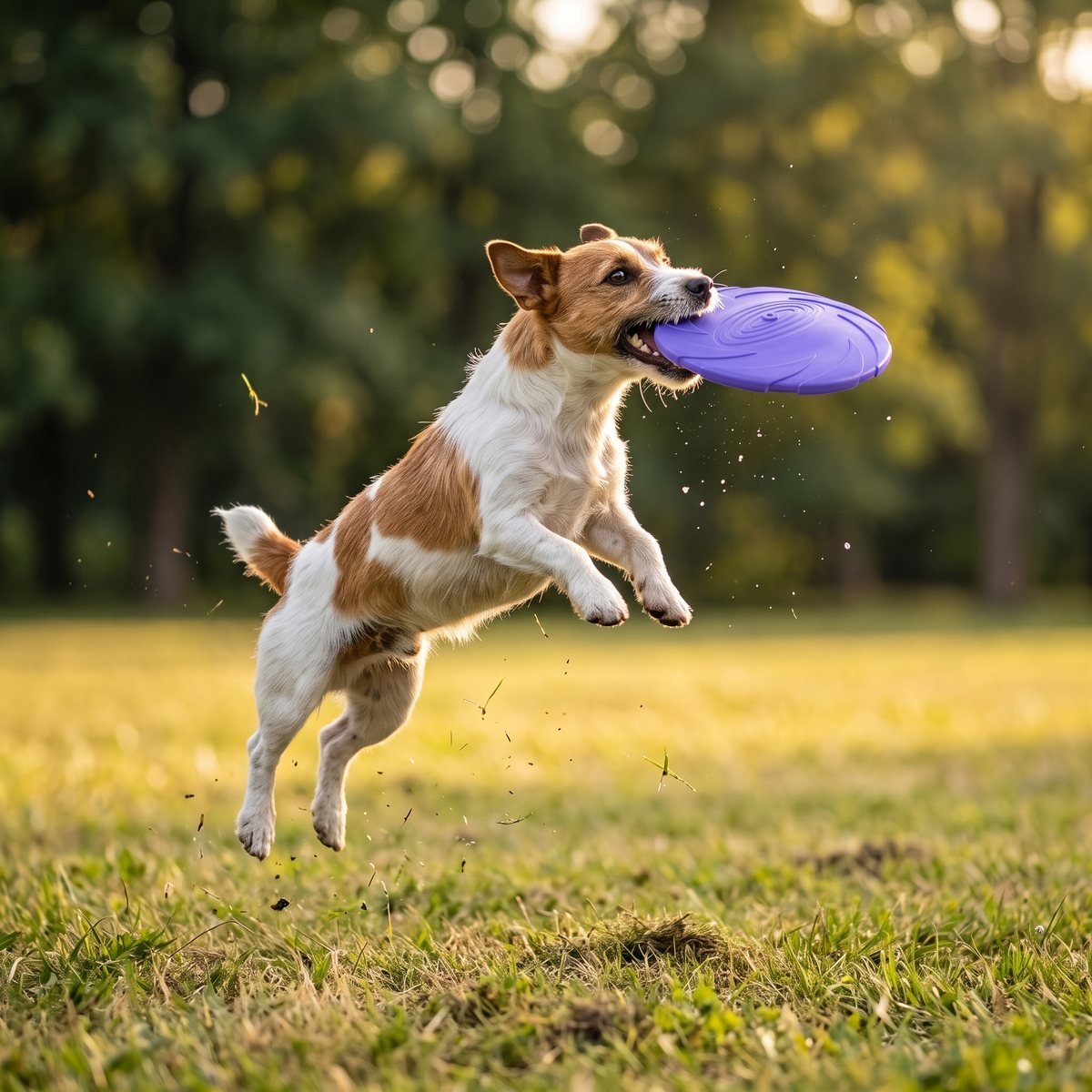 Frisbee pour chien violet - Jack Russell en pleine action dans un parc au coucher du soleil