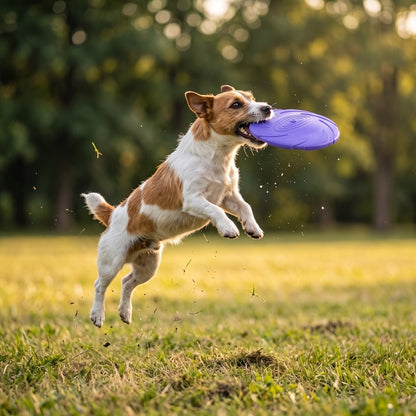 Frisbee pour chien violet - Jack Russell en pleine action dans un parc au coucher du soleil