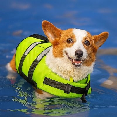 Gilet de sauvetage pour chien Corgi en flottaison dans une piscine sécurité optimale AquaPattes