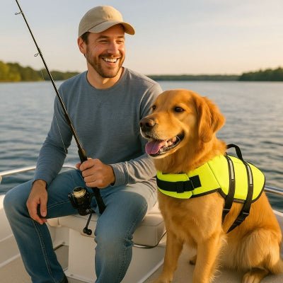 Gilet de sauvetage pour chien vert sur un bateau de pêche avec son maitre stabilité parfaite AquaPattes