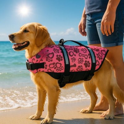 Gilet de sauvetage pour chien rose motif pattes sur la plage, idéal pour femelles actives AquaPattes