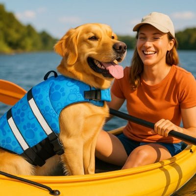 Gilet de sauvetage pour chien bleu lors d’une sortie kayak avec sa maitresse, confort assure AquaPattes