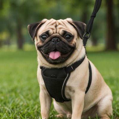 harnais anti traction calmitrax chien carlin assis sur herbe