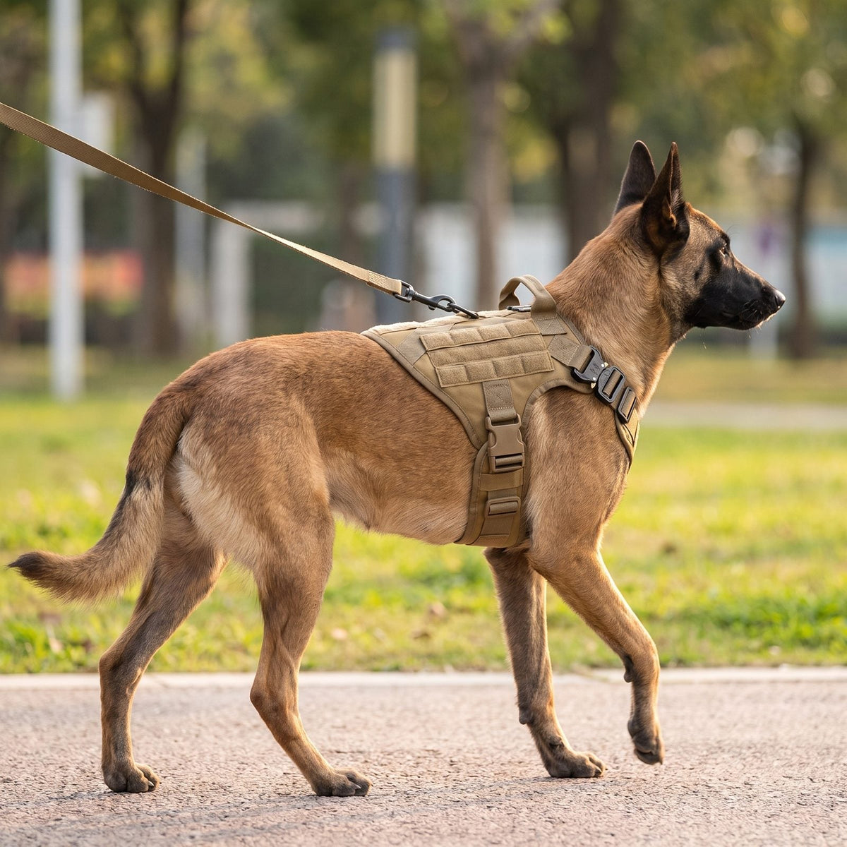 Malinois portant le harnais anti traction chien ControlMax noir, vue de profil en marche dans un parc
