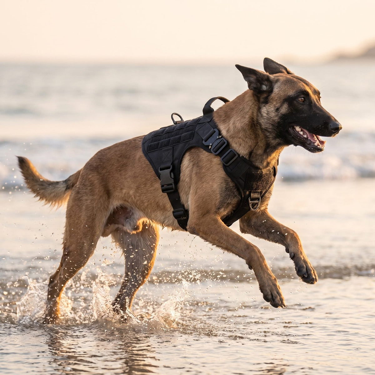 Malinois portant le harnais anti traction chien ControlMax noir, en pleine course sur la plage