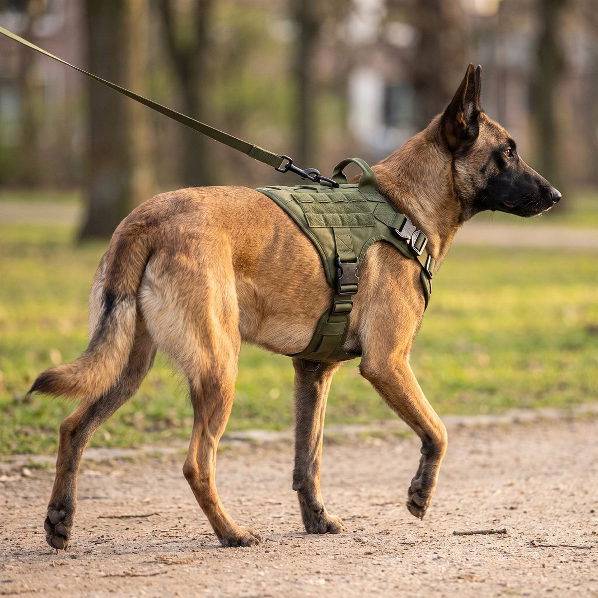 Malinois portant le harnais anti traction chien ControlMax vert, gros plan en marche dans un parc