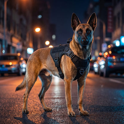 Malinois portant le harnais anti traction chien ControlMax noir, debout dans une rue de ville la nuit
