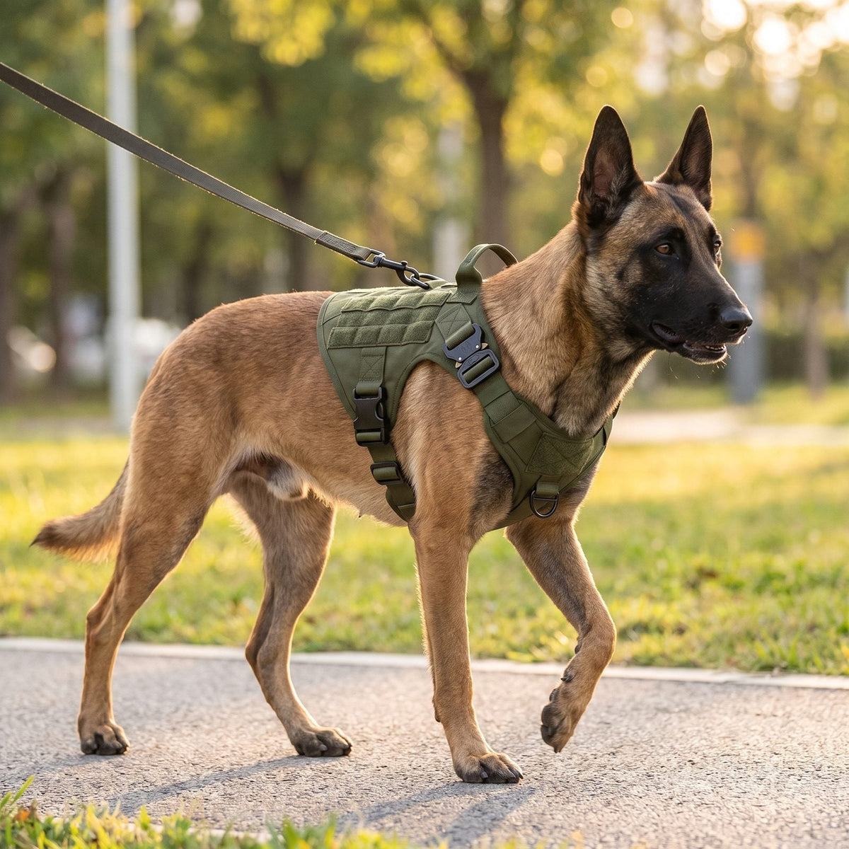 Malinois portant le harnais anti traction chien ControlMax vert en promenade dans un parc