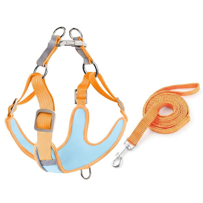 Harnais anti traction orange et bleu clair avec laisse assortie incluse – Proménéo