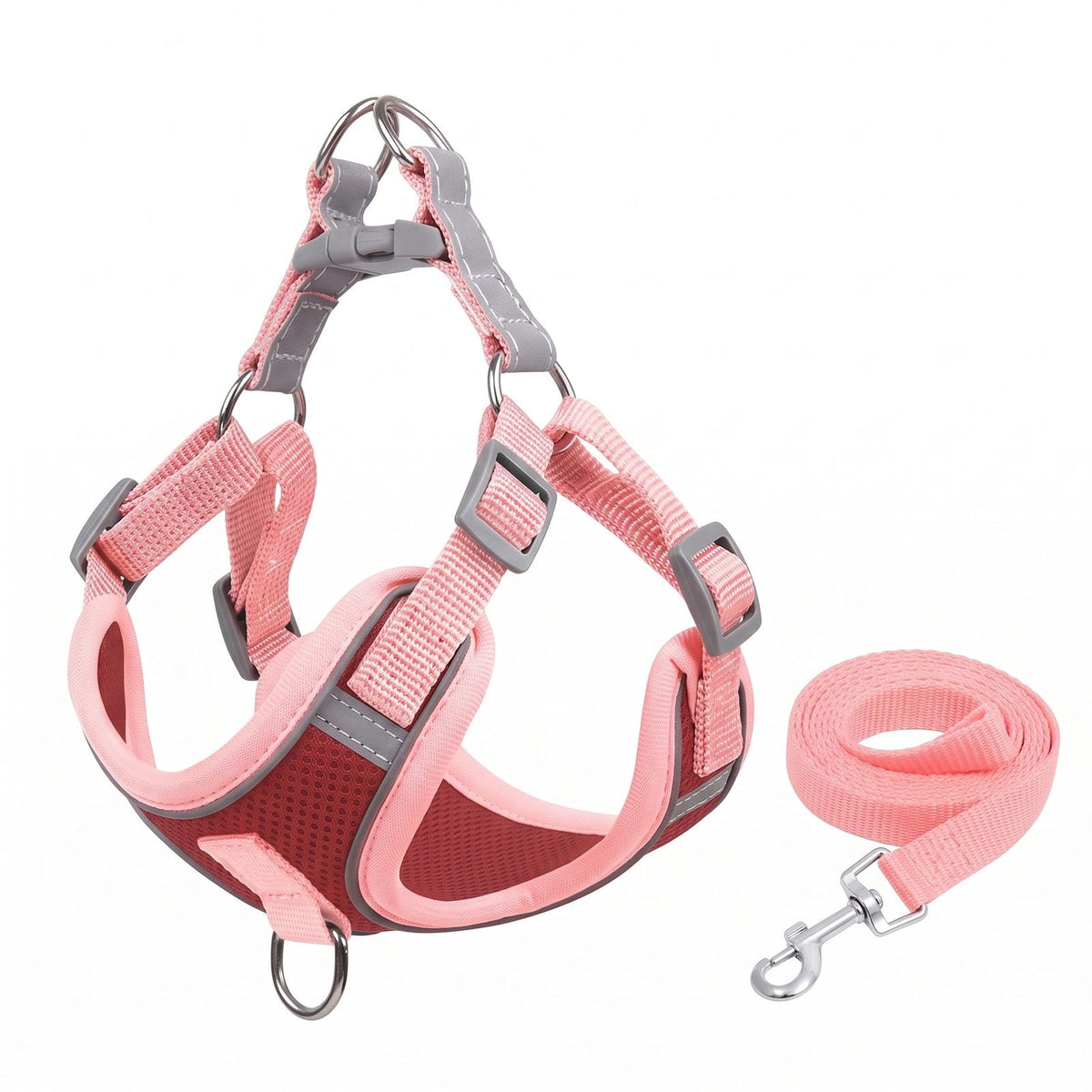 Harnais anti traction rouge et rose avec laisse assortie incluse – Proménéo
