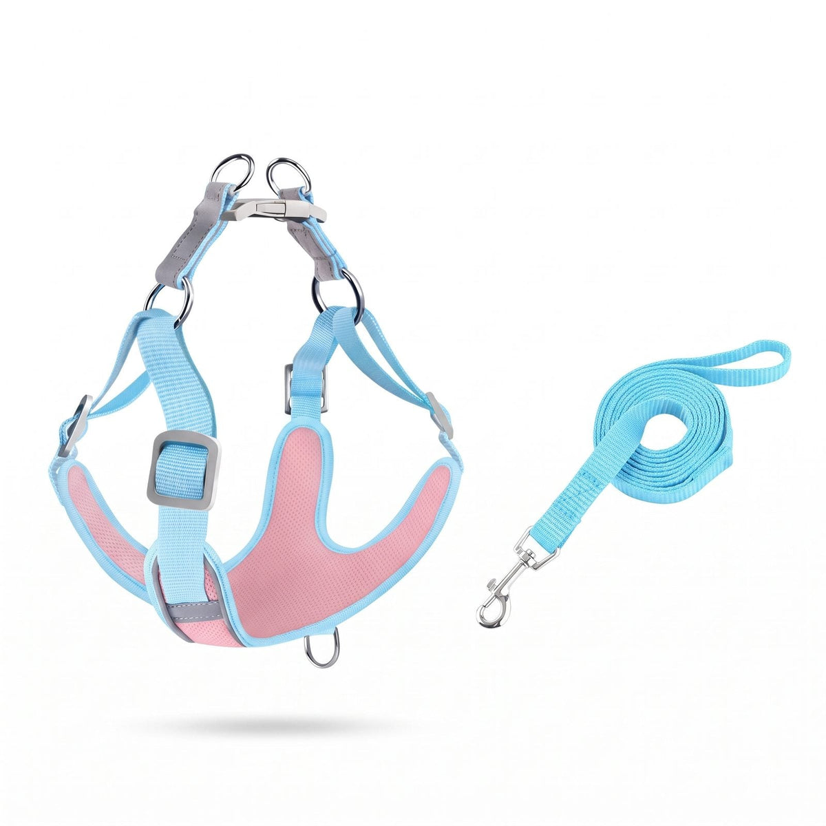 Harnais anti traction bleu et rose avec laisse assortie incluse – Proménéo