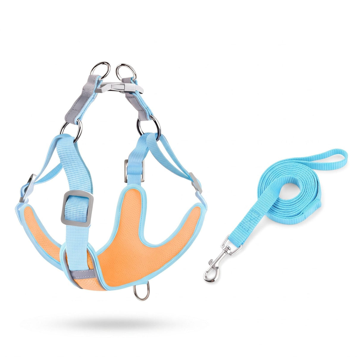 Harnais anti traction bleu et orange avec laisse assortie incluse – Proménéo
