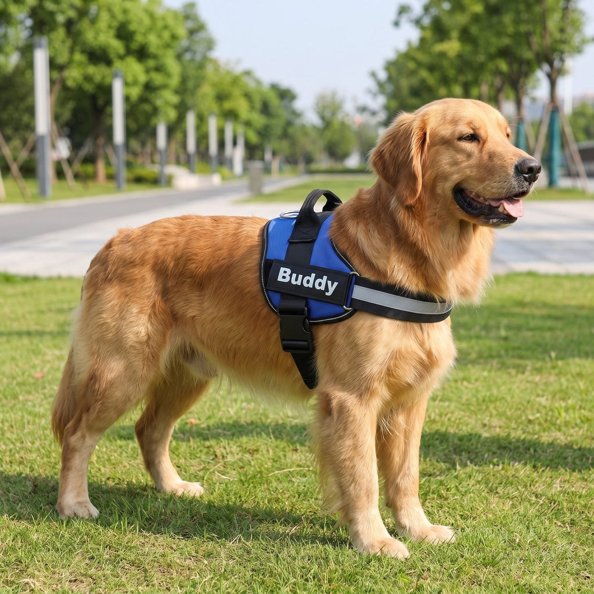 Golden Retriever debout sur l'herbe portant le harnais chien anti traction Tira bleu