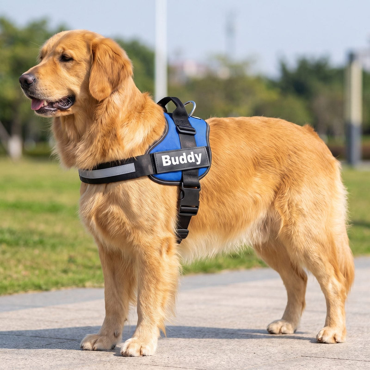Golden Retriever sur un trottoir portant le harnais chien anti traction Tira bleu