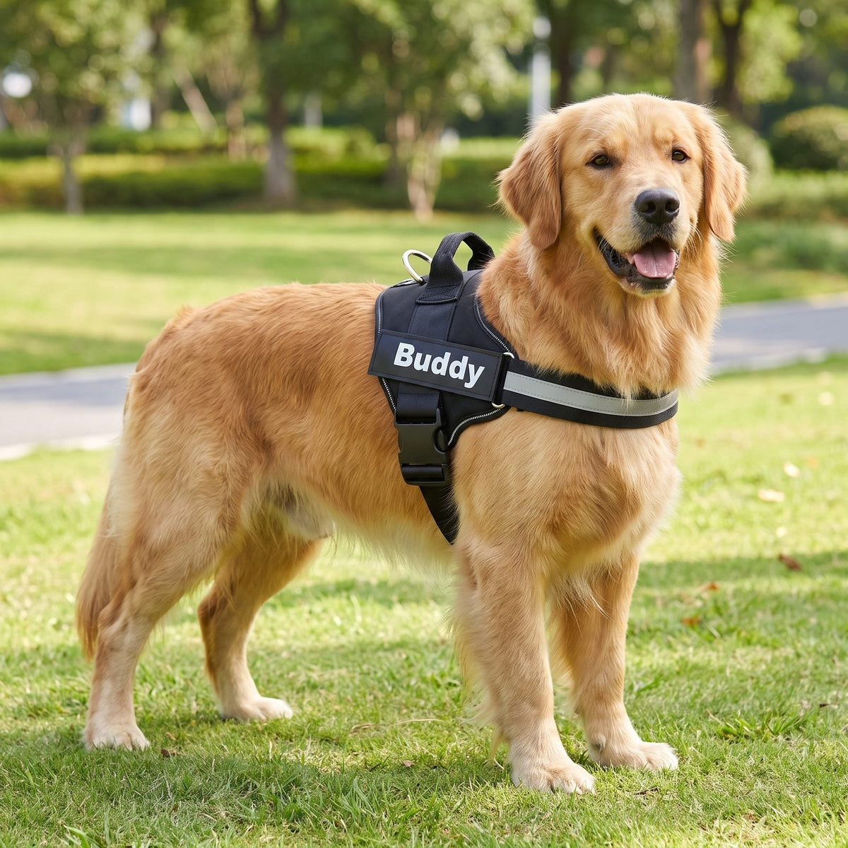 Golden Retriever debout de face portant le harnais chien anti traction Tira noir