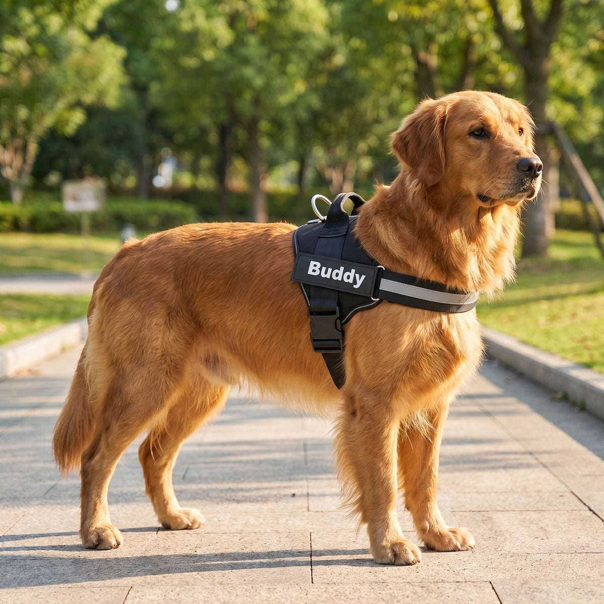 Golden Retriever de profil en extérieur portant le harnais chien anti traction Tira noir
