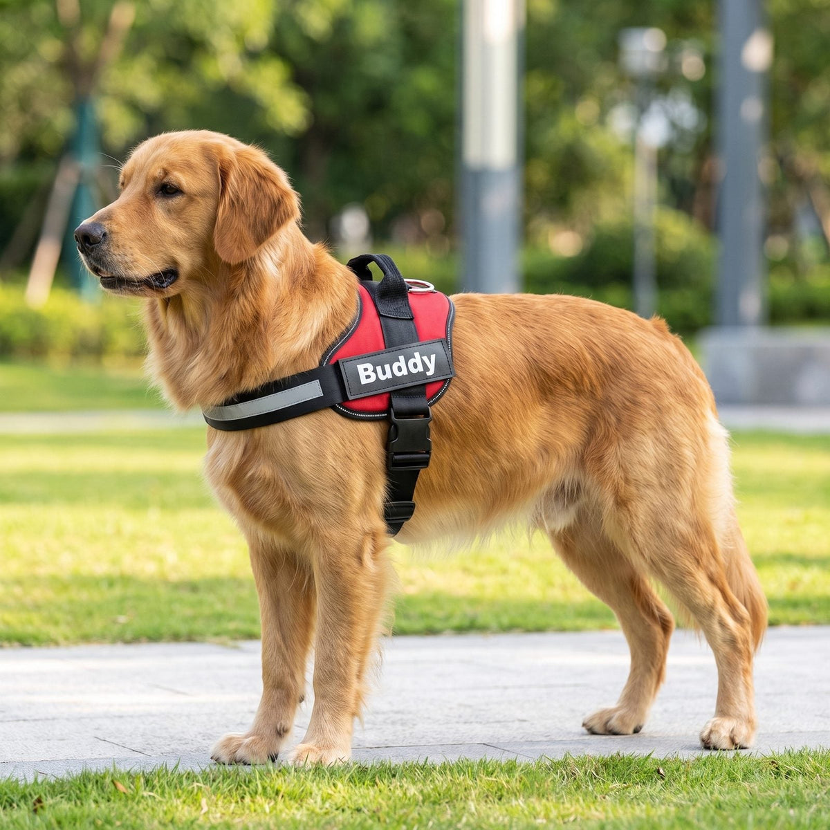 Golden Retriever de profil portant le harnais chien anti traction Tira rouge
