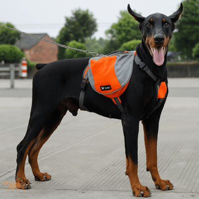 harnais chien orange pour doberman avec sacoches de randonnée DogTask