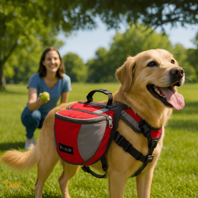 harnais chien avec sac à dos rouge pour promenade en plein air DogTask