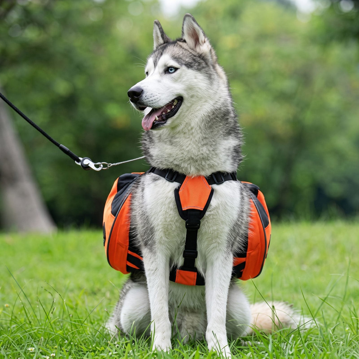 Husky assis dans l'herbe portant le harnais chien sac à dos DogTask orange, vue de face